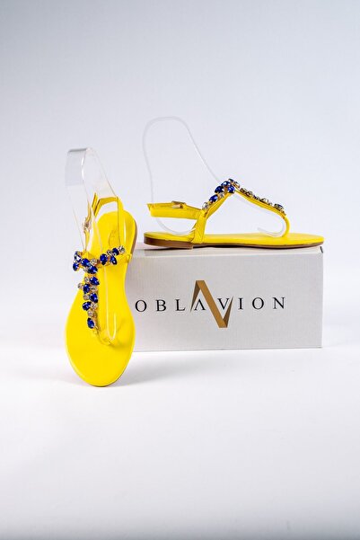 Oblavion Lavion Yeni Sezon Hakiki Deri Sarı Mavi Günlük Taşlı Kadın Sandalett