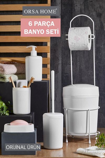 ORSA HOME Λευκό σετ μπάνιου 6 τεμαχίων με μεταλλικό κάδο απορριμμάτων WC θήκη χαρτιού και βούρτσα τουαλέτας στερεό - με υγρό σαπούνι