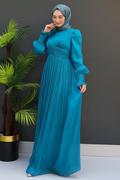 GİZ AGİYİM Petrol Color Silk Dress - Buttoned