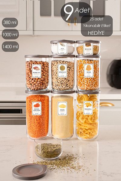 LAV Duo 3 Sizes 9 Pieces Glass Storage Container Jar Set with Leak Proof Lid and Label