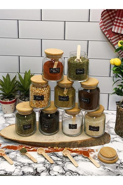 Karçiçeği Home 300 Ml 9 Pieces Glass Spice Set with Bamboo Lid Vacuum & Label & spoon