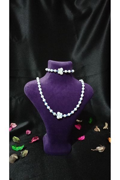 feyza collection Butterfly Figured Natural Mother of Pearl Stone Necklace and Bracelet Set