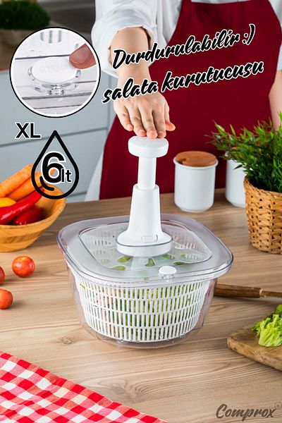 Comprox White XL Practical 6Lt Manual Vegetable Dryer Salad Greenery Dryer (with Stop Button)