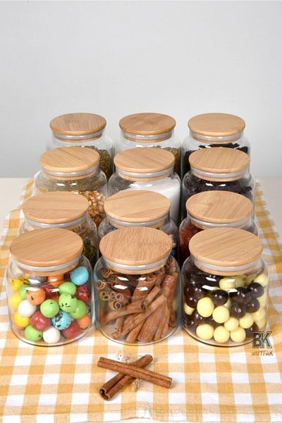 Karçiçeği Home 12-Piece Glass Jar with Bamboo Lid