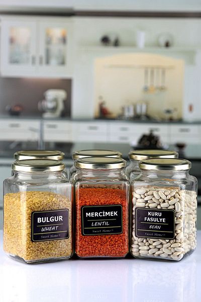 Karçiçeği Home 850Cc Cornered Labeled Glass Spice and Condiment Jar with 6 Gold Lids