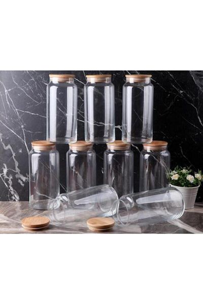 Karçiçeği Home Concept Bamboo Vacuumed 1.3 Lt Glass Jar with Lid Set of 9