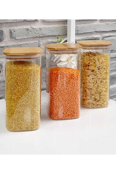 Karçiçeği Home 1800ml Capacity 3-Piece Bamboo Luxury Square Jar Set