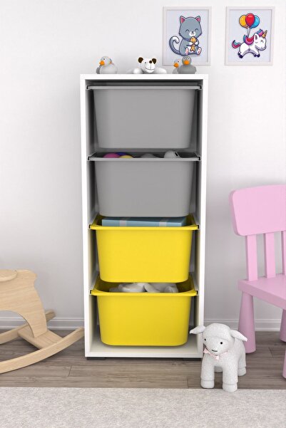 Pratico Cara 4 Derin Sepetli Çok Amaçlı Oyuncak Dolabı Mutfak Kiler Dolabı Sarı Gri