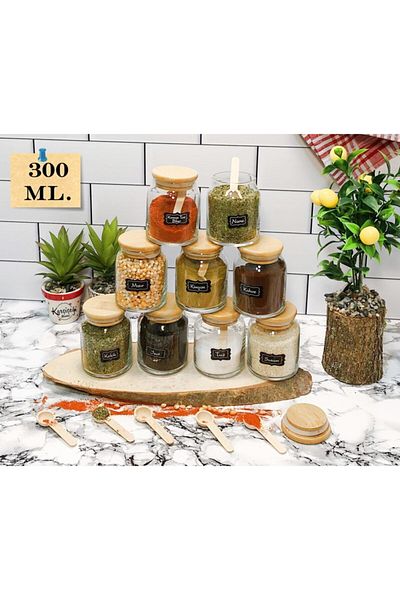 Karçiçeği Home 300 Ml 9 Pieces Glass Spice Set with Bamboo Lid Vacuum & Label & spoon