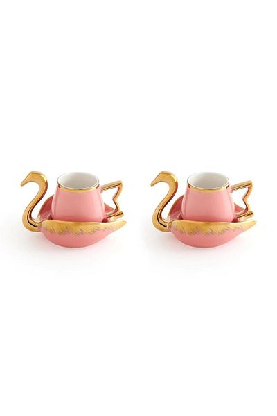 Karçiçeği Home Set of 2 Gold Gilded Swan Coffee Cups - Pink