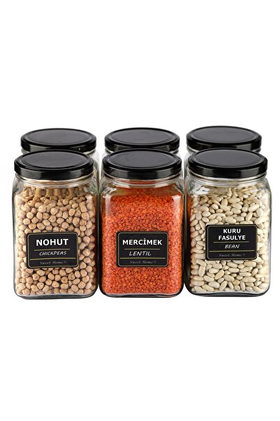Karçiçeği Home 850cc Köşeli Etiketli Cam Baharat Ve Bakliyat Kavanozu 6 Adet Siyah Kapaklı