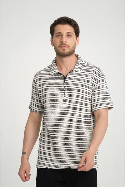 İLKCET MODA Ριγέ Πλεκτό T-Shirt - Γιακά με μισό φερμουάρ