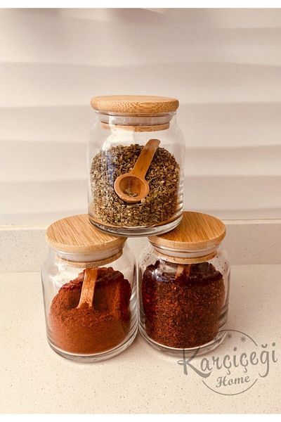 Karçiçeği Home 3-Piece Luxury Bamboo Spice Bowl Set with Spoon