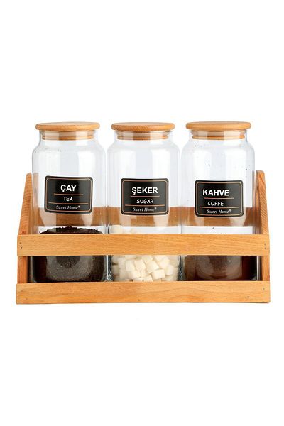 Karçiçeği Home 1300 ml Tea Coffee Candy Jar - 3 Pieces, Bamboo Lid, New Stand and Label