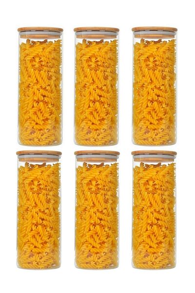 Karçiçeği Home 1200 ml Bamboo Jar with Lid - Vacuumed Borosilicate Glass, Set of 6