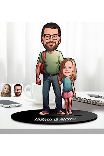 Bk Gift Kişiye Özel Baba-Kız Karikatürlü Ahşap Biblo-1, Babalar Günü Hediyesi...
