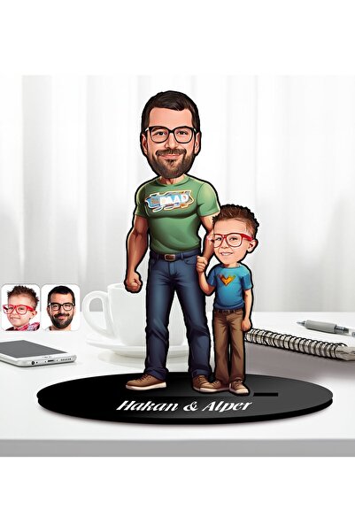 Bk Gift Kişiye Özel Baba-Oğul Karikatürlü Ahşap Biblo-1, Babalar Günü Hediyes...