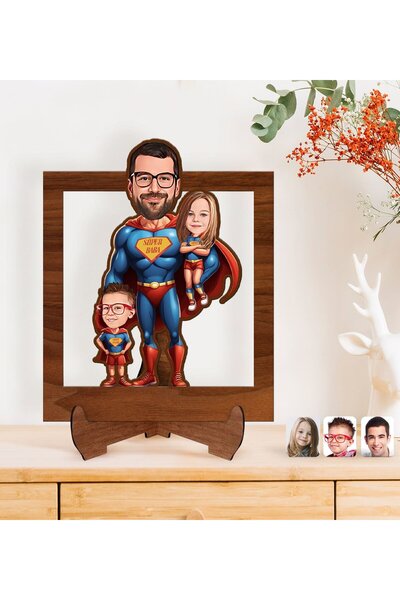 Bk Gift Kişiye Özel Süper Baba-Oğul Karikatürlü Ahşap 3D Standlı Biblo-2, Bab...