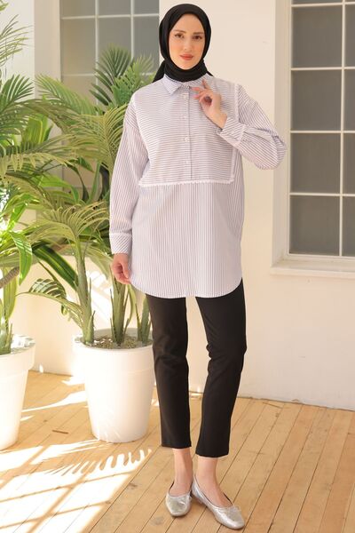 benguen 2101 Model White Striped and Lace Detailed Casual Shirt