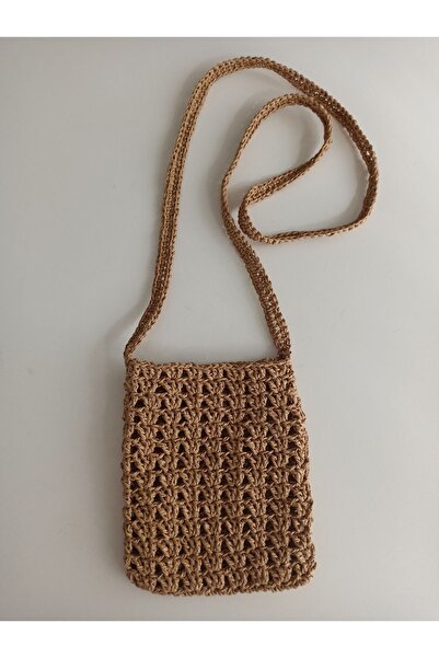 DERYAS STORE Hasır-kağıt Ip El Örgüsü Telefon Kol Çantası Saman Rengi Hand Made
