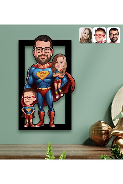 Bk Gift Kişiye Özel Süper Baba-Çocuk Karikatürlü 3D Ahşap Tablo-3, Babalar Gü...