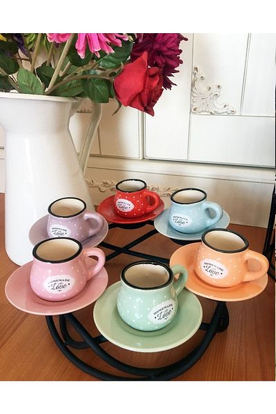 Karçiçeği Home Set de șase pahare din ceramică cu farfurie cu buline