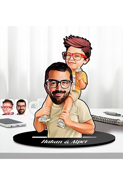 Bk Gift Kişiye Özel Baba Oğul Karikatürlü Ahşap Biblo Model-2 Babaya Hediye, ...