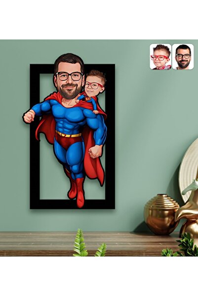 Bk Gift Kişiye Özel Süper Baba-Çocuk Karikatürlü 3D Ahşap Tablo-4, Babalar Gü...