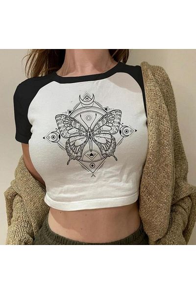 Touz Moda Λευκό Gothic Butterfly Raglan μανίκι Crop Top