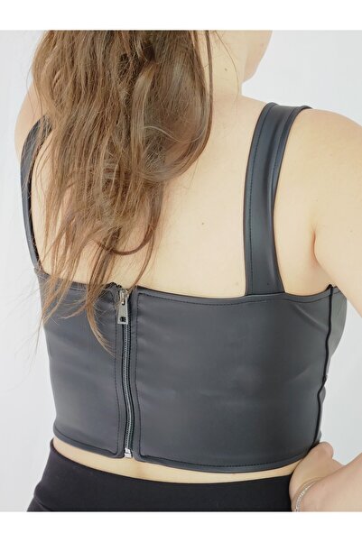 YAXİ Black Leather Bustier - Double Breasted Closure