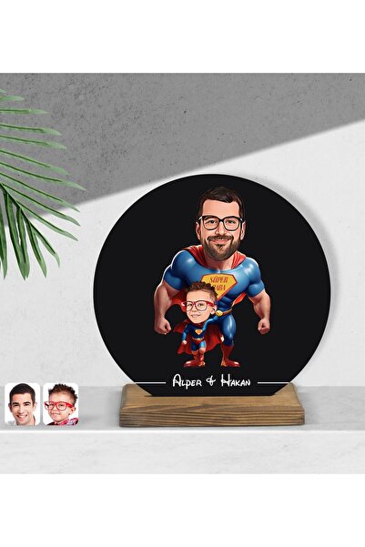 Bk Gift Kişiye Özel Süper Baba-Oğul Karikatürlü Yuvarlak Ahşap Biblo-1, Babal...