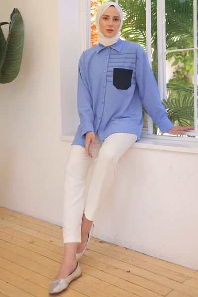 benguen 2061 Model - Dark Blue Shirt with Embroidery Detail and Pockets