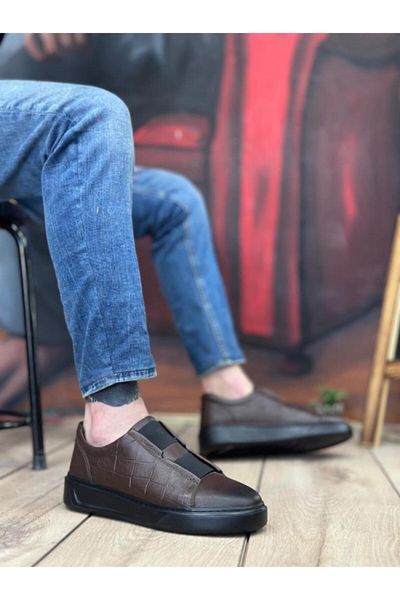 BPM BA0347 - Pantofi casual pentru bărbați din piele naturală maro cu dungi duble