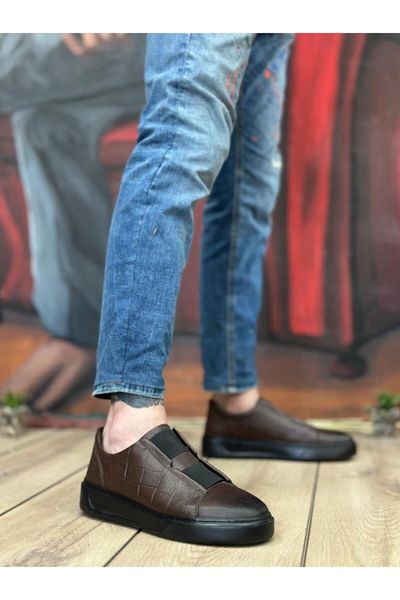 BPM BA0347 - Pantofi casual pentru bărbați din piele naturală maro cu dungi duble