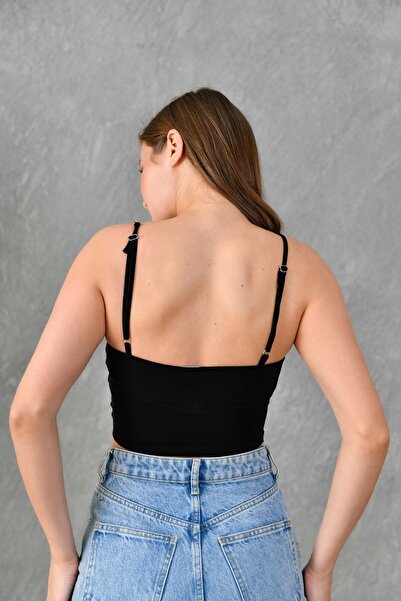 bayansepeti Black Stretchy Sandy Fabric Adjustable Drawstring Chain Strap Design Crop Blouse 10612