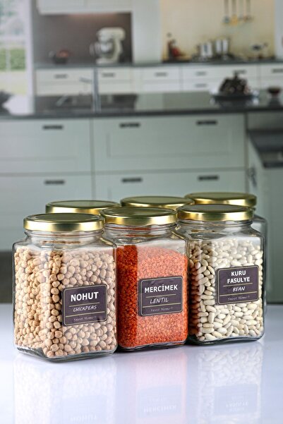 Karçiçeği Home 6'lı Gold Kapaklı 1600 Cc Köşeli Etiketli Cam Baharat Ve Bakli...