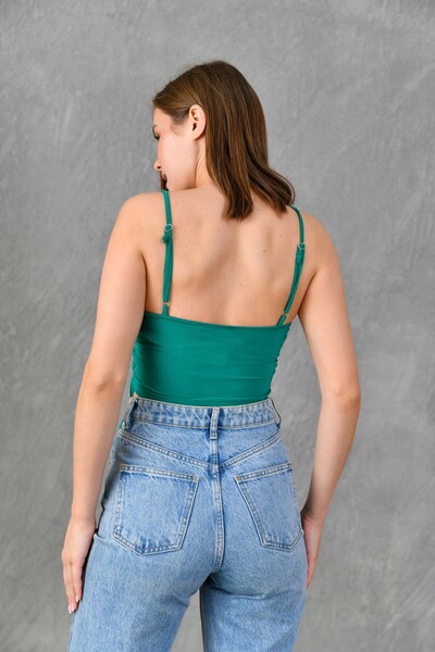 bayansepeti Green Stretchy Sandy Fabric Adjustable Drawstring Chain Strap Design Crop Blouse 10612