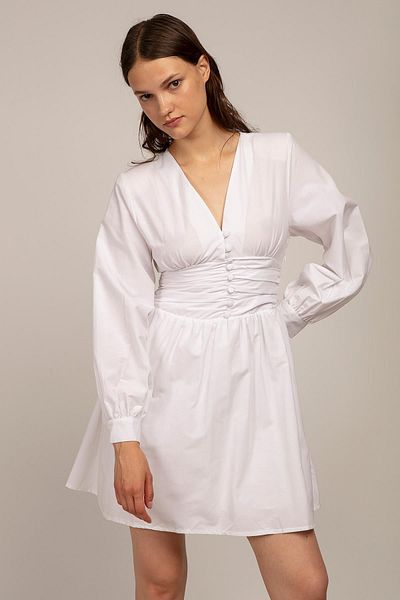 Suzi butik Rochie de damă din popelin alb cu corset și detaliu cu nasturi în față
