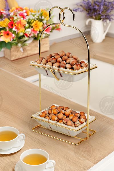 Akkoyunlu home 2-Tier Square Stand Presentation Bowl - Snack Bowl and Turkish Delight Bowl Coffee Side