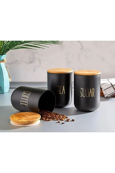 YzHome 1300ML Capacity 3-Piece Vacuum Bamboo Glass Tea Coffee Sugar Jar Storage Set