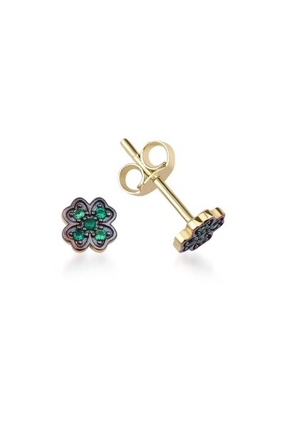 DesignbyKairos 14 Ayar Altın Four Leaf Clover Black Rhodium Çivi Küpe