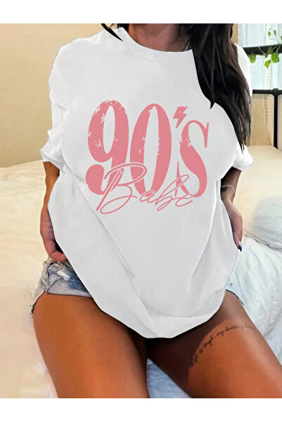 Wish BF Kadın 90'S Özel Baskılı Renkli Oversize Penye Pamuklu Bisiklet Yaka T...