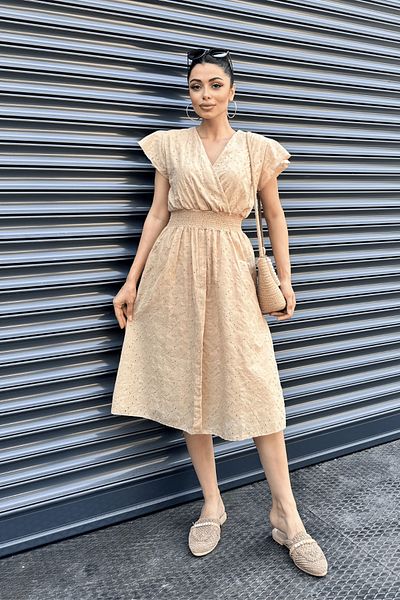 giyimmasalı Double Breasted Collar Scallop Fabric Dress - CREAM