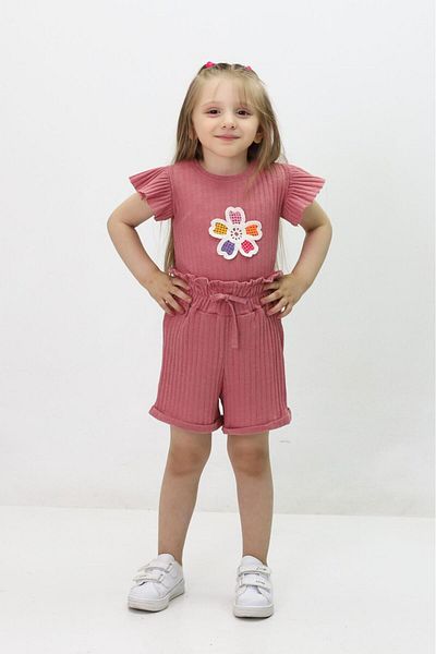 GZT TEKSTİL Girls Shorts and Blouse Set - Orange Ruffle Sleeves and Belt