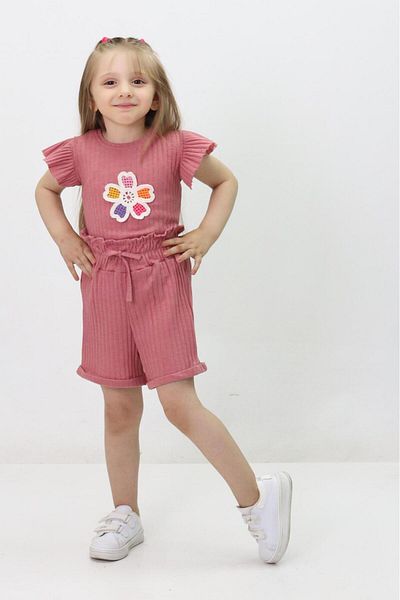 GZT TEKSTİL Girls Shorts and Blouse Set - Orange Ruffle Sleeves and Belt