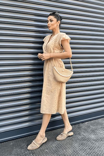 giyimmasalı Double Breasted Collar Scallop Fabric Dress - CREAM