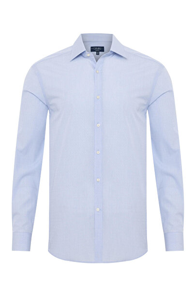 Germirli Exclusive İnce Mavi Çizgili Tailor Fit  Klasik Yaka Albini Piumino Giza Pamuk Gömlek
