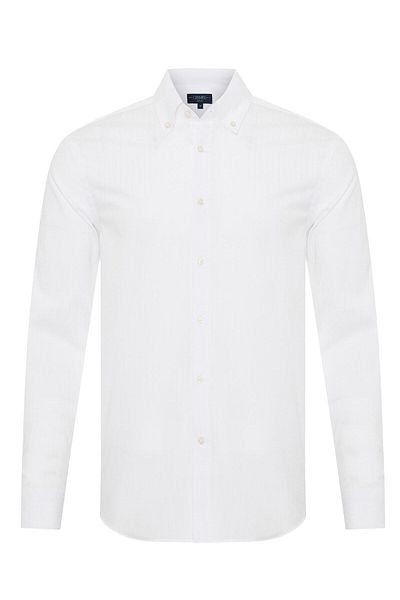 Germirli White Striped Tailor Fit Albini Cotton Shirt - Button Collar Voile