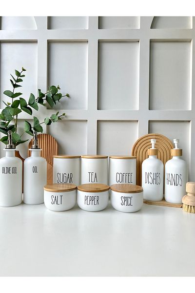 Mottogo 6-Piece Spice Jar Set - 2-Piece Oil Pot and 2-Piece Bamboo Base Soap Dish Set
