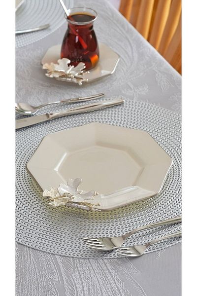 Glore Dolmabahce - Cream Platinum Gilt Glass Cake Plate Set for 6 People